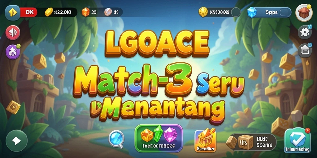 Screenshot LGOACE menampilkan gameplay seru Match-3 dengan permata berwarna-warni.