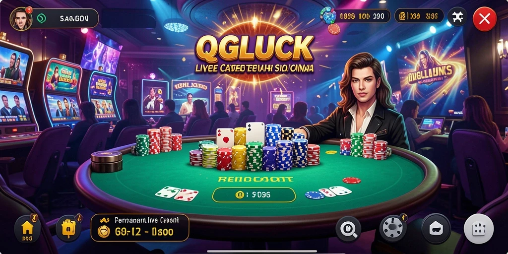 Tangkapan layar utama QGLUCK menampilkan dealer langsung dalam aksi permainan Live Casino.